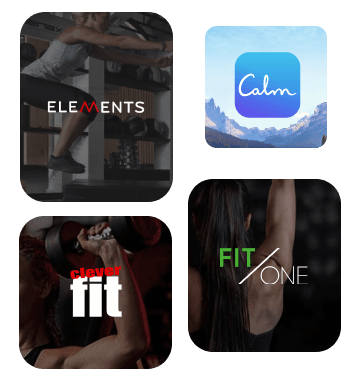 Logo: Elements, Fit/ONE, Berliner Bader-betriebe, Calm App, Prime Time Fitness, Clever Fit