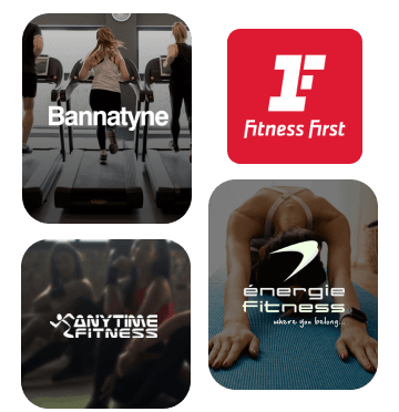 Logos of some of our biggest partners: Bannatyne, Fitness First, Anytime Fitness, Nuffield Health, Énergie Fitness, Snap Fitness